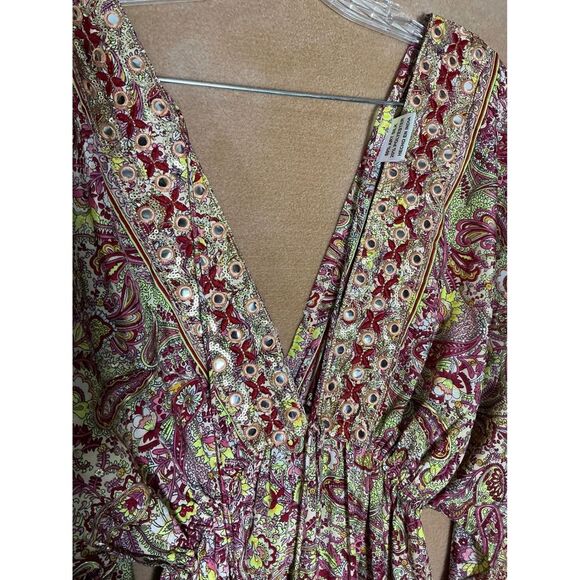 Boho Paisley Print Maxi Dress Kimono Sleeve Tassel V Neck Beach Cover Up - Picture 8 of 12
